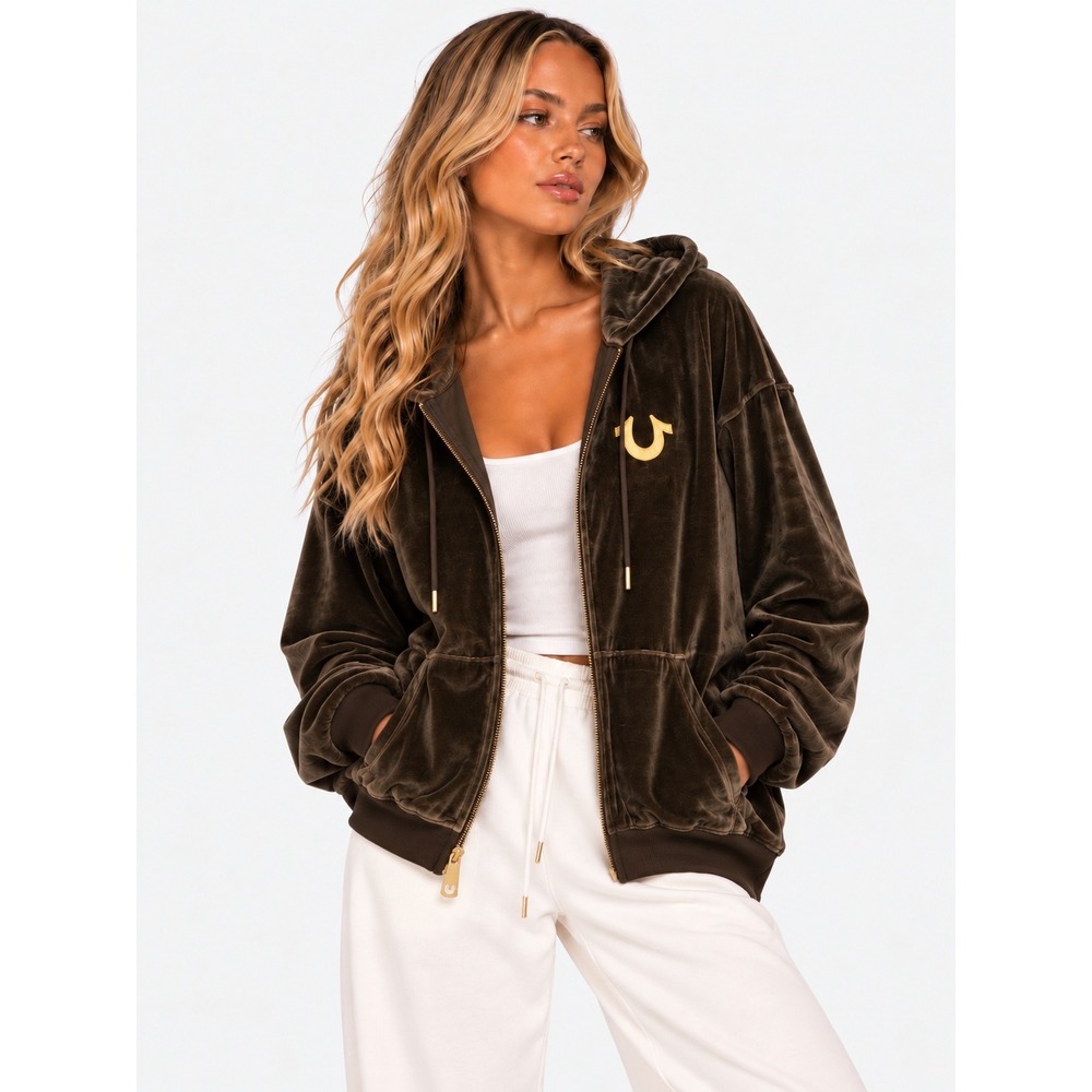 True Religion Mocha Brown Velour Full Zip Hoodie Gold Logo L NWT New